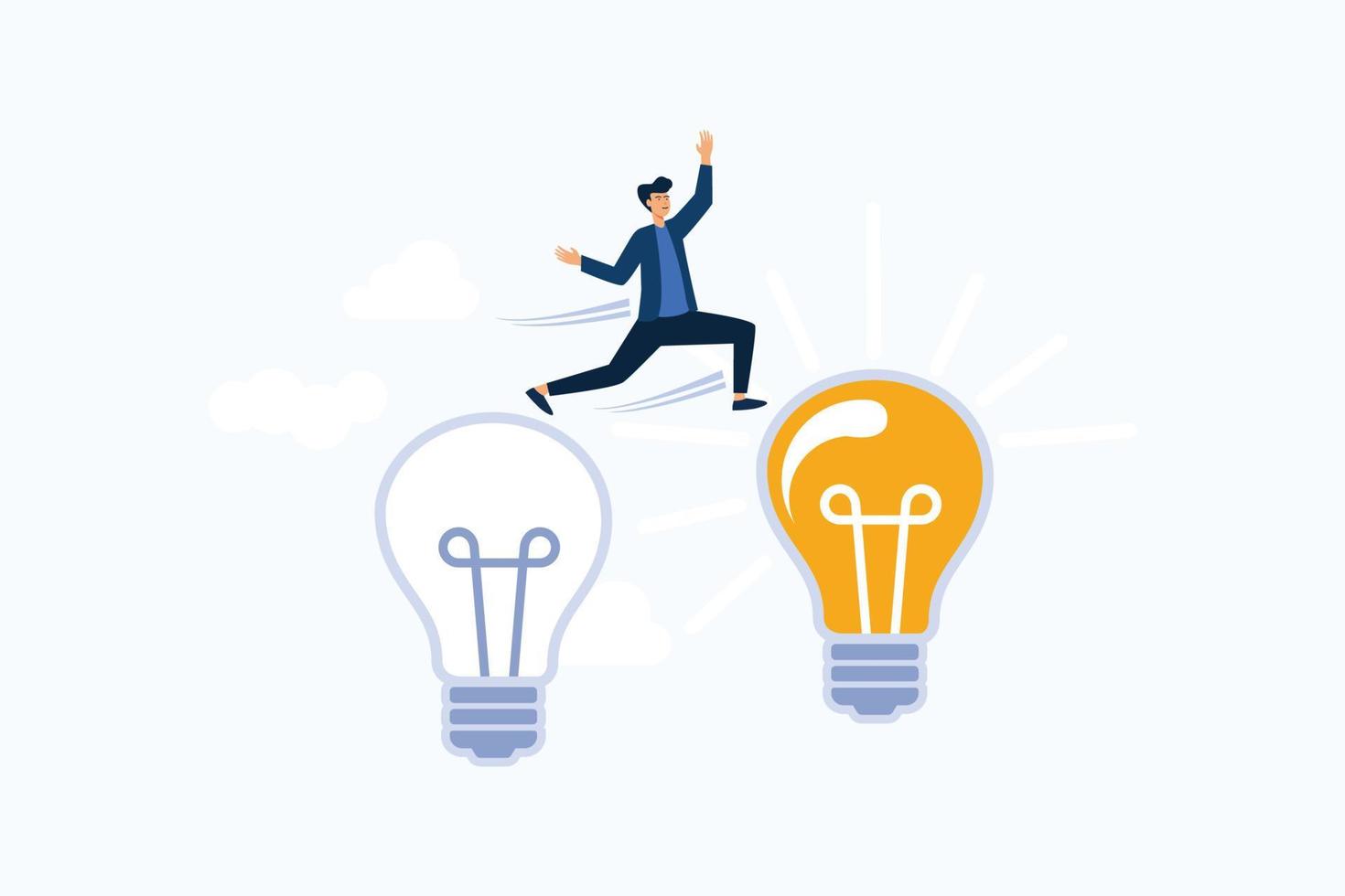 Business transformation, change management or transition to better innovative company, improvement and adaptation to new normal concept, smart businessman jump from old to new shiny lightbulb idea. vector