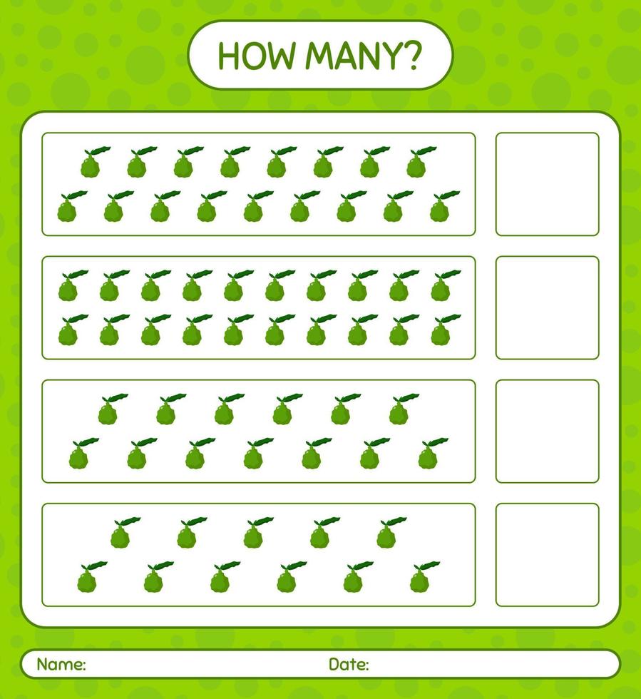 How many counting game with kaffir lime worksheet for preschool kids, kids activity sheet, printable worksheet vector