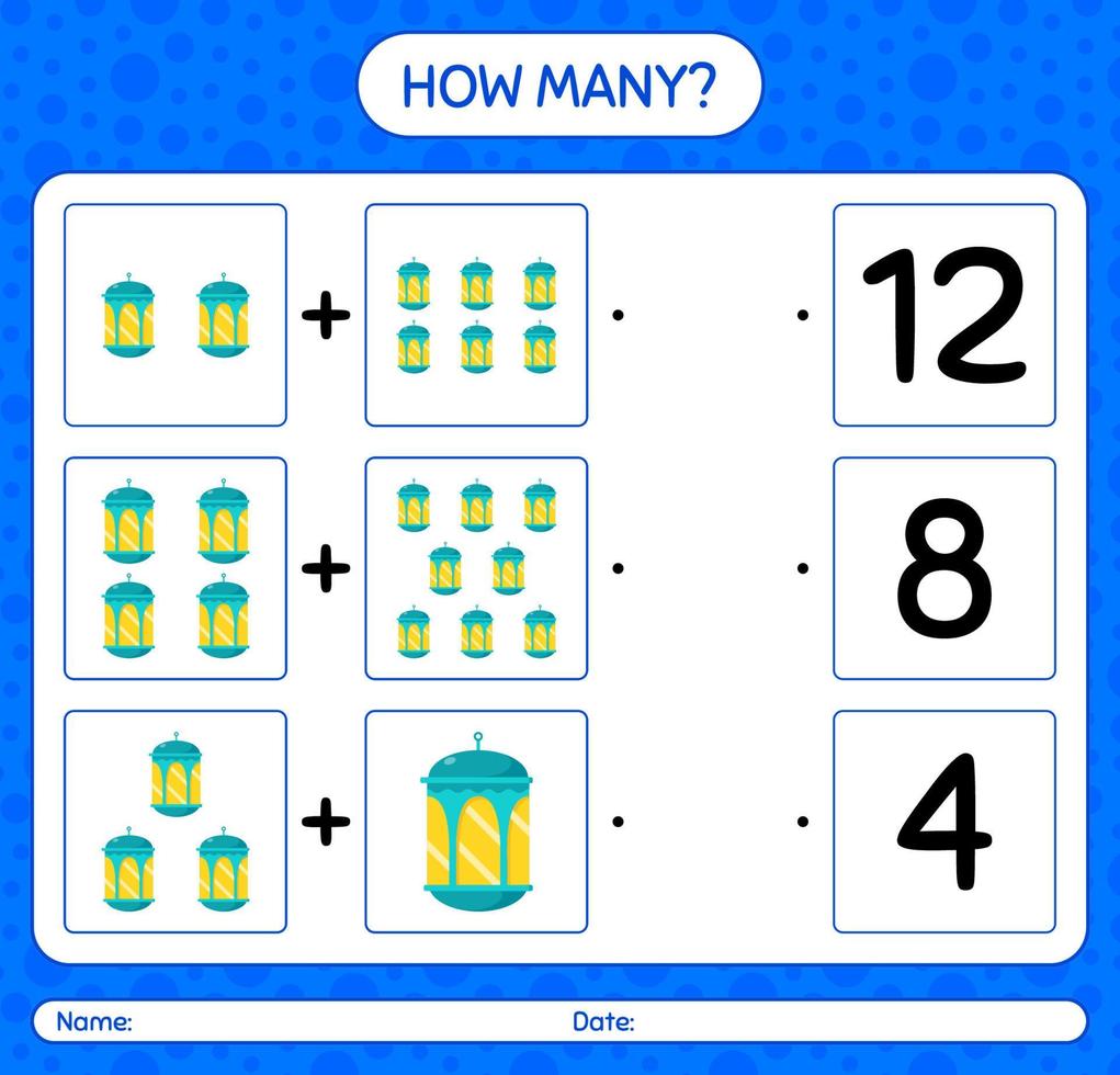 How many counting game with arabic lantern. worksheet for preschool kids, kids activity sheet, printable worksheet vector