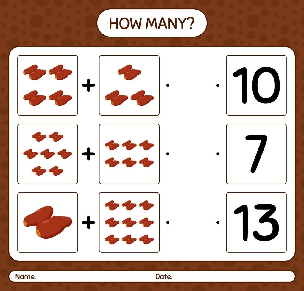 How many counting game with dates fruit. worksheet for preschool kids, kids activity sheet, printable worksheet vector
