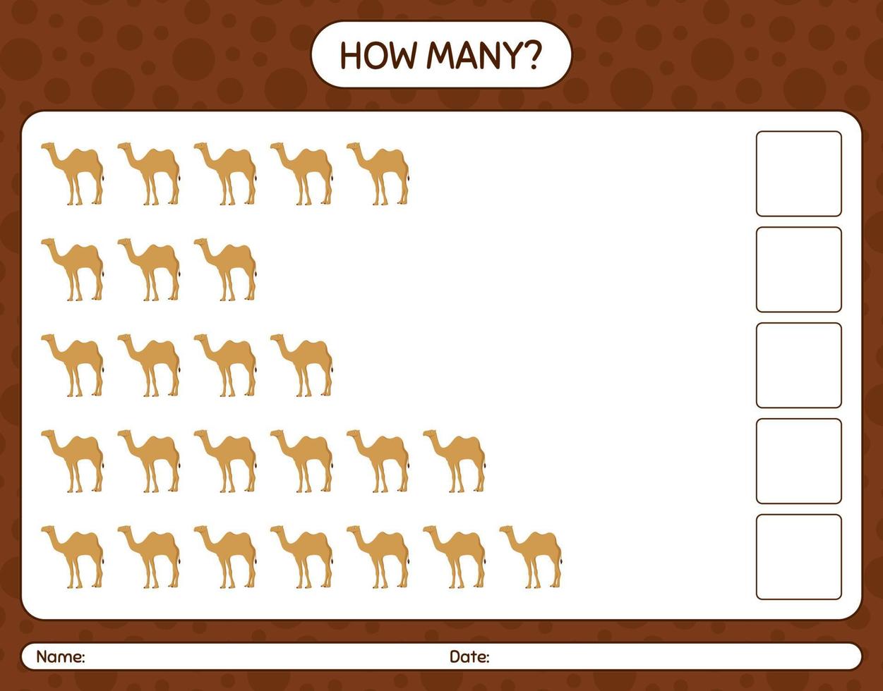 How many counting game with camel. worksheet for preschool kids, kids activity sheet, printable worksheet vector