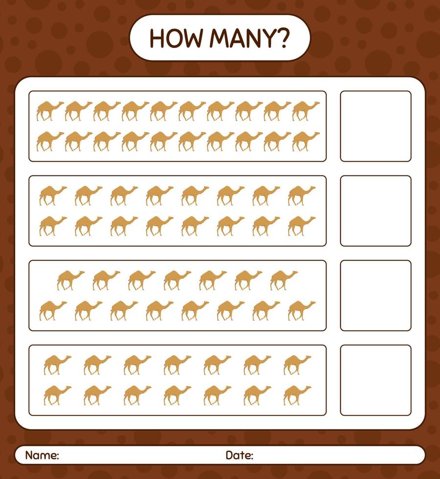 How many counting game with camel. worksheet for preschool kids, kids activity sheet, printable worksheet vector