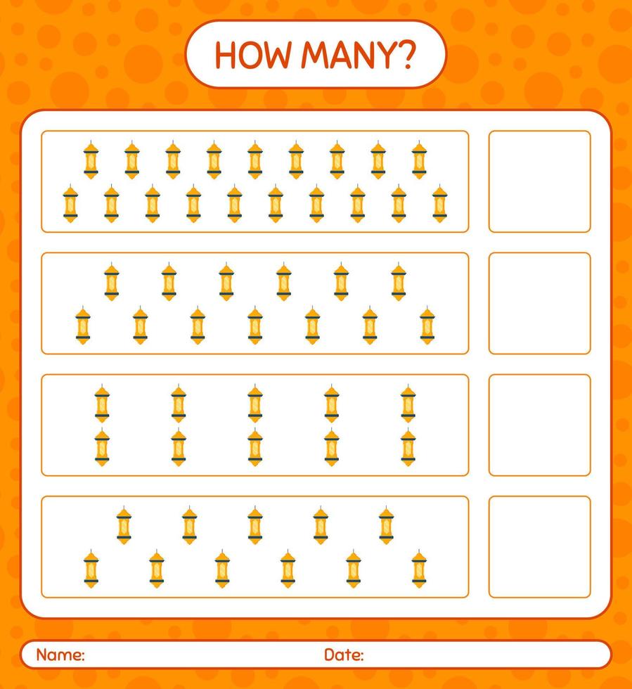 How many counting game with arabic lantern. worksheet for preschool kids, kids activity sheet, printable worksheet vector
