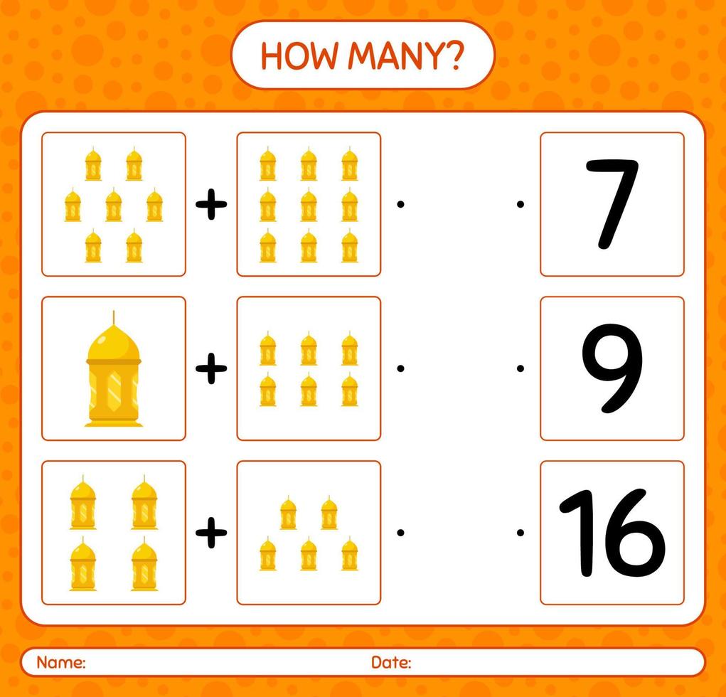 How many counting game with arabic lantern. worksheet for preschool kids, kids activity sheet, printable worksheet vector