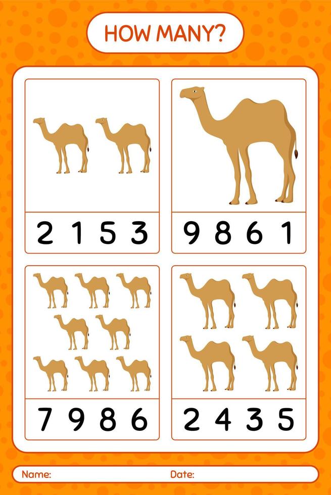 How many counting game with camel. worksheet for preschool kids, kids activity sheet, printable worksheet vector