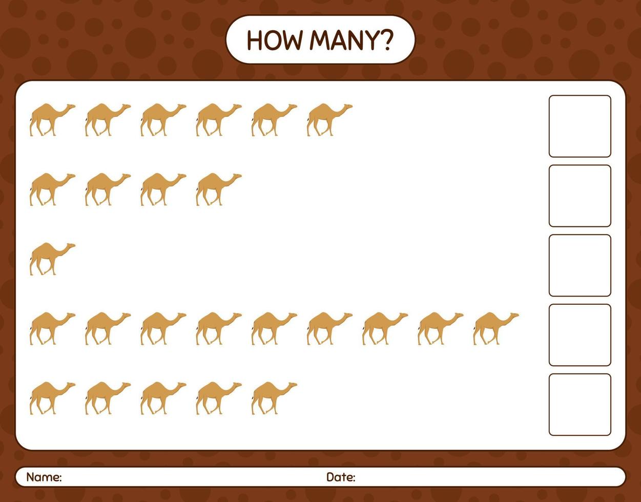 How many counting game with camel. worksheet for preschool kids, kids activity sheet, printable worksheet vector