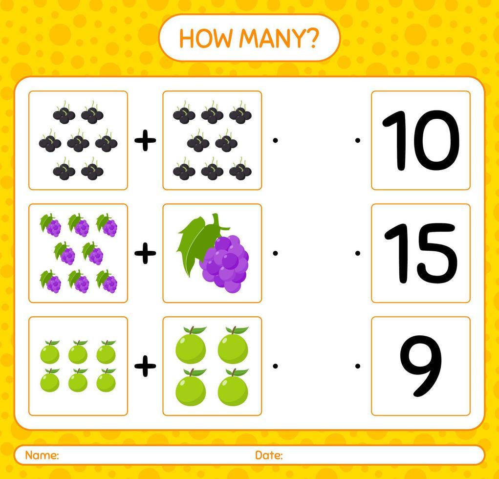 How many counting game with fruit. worksheet for preschool kids, kids activity sheet, printable worksheet vector