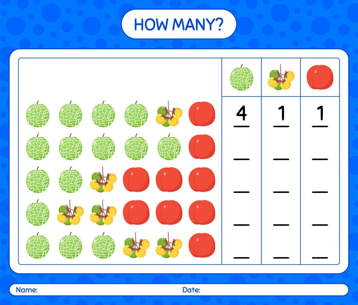 How many counting game with fruit. worksheet for preschool kids, kids activity sheet, printable worksheet vector