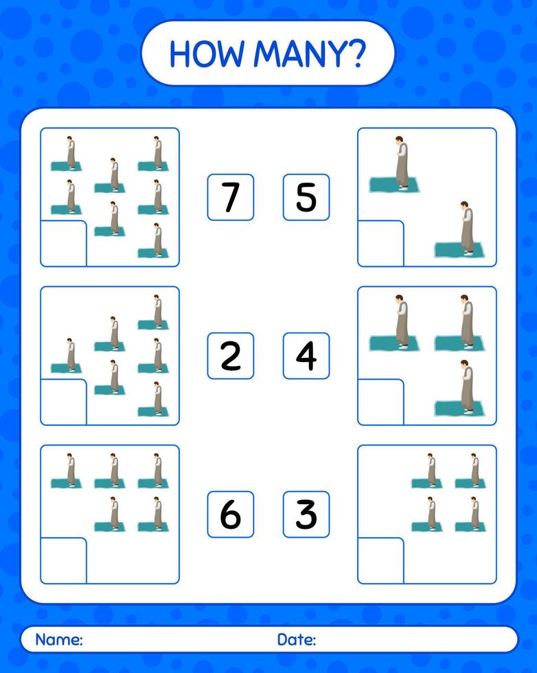 How many counting game with praying. worksheet for preschool kids, kids activity sheet, printable worksheet vector