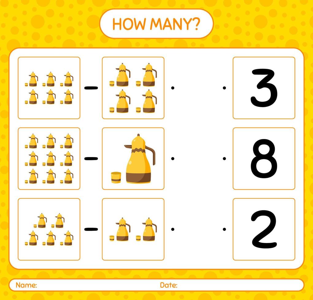 How many counting game with arabic teapot. worksheet for preschool kids, kids activity sheet, printable worksheet vector
