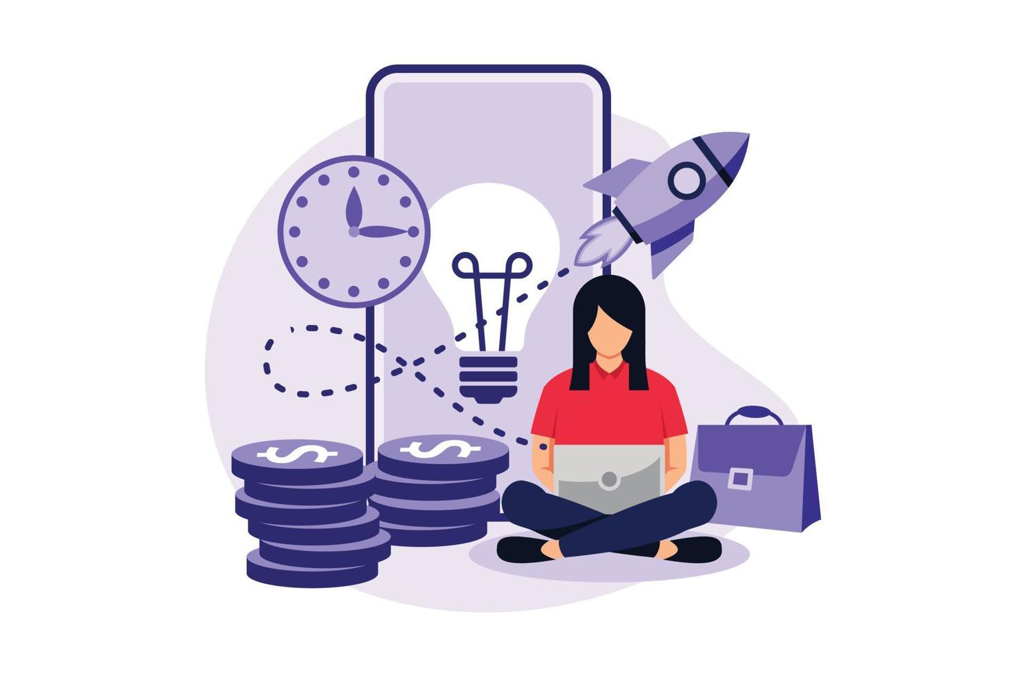 Woman sitting at the desk and working from home. Young woman sitting and working on a laptop. Business woman. Home, freelance, office concept illustration. vector