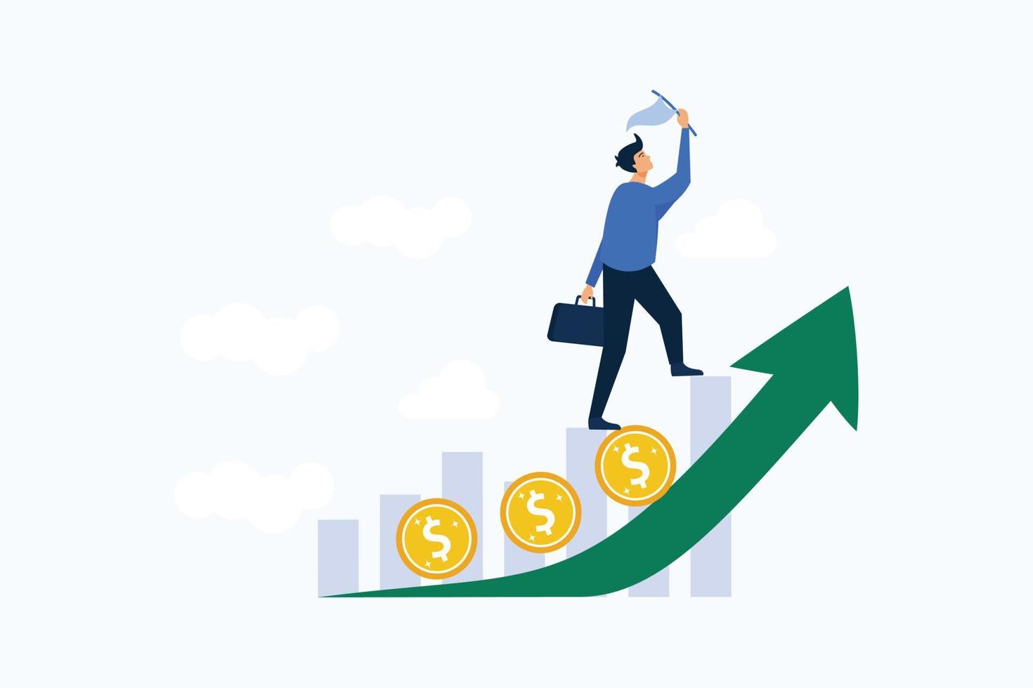 Investment profit and earning, stock market growth or fund flow depend on interest rate and inflation concept, businessman investor, fund manager holding flag lead money coins running up rising graph. vector