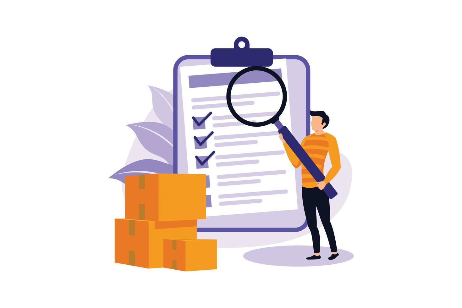 Person looking at boxes through magnifying glass and check list. Concept of product quality control, inspection or test procedure focused on fulfilling requirements. Modern flat vector illustration.