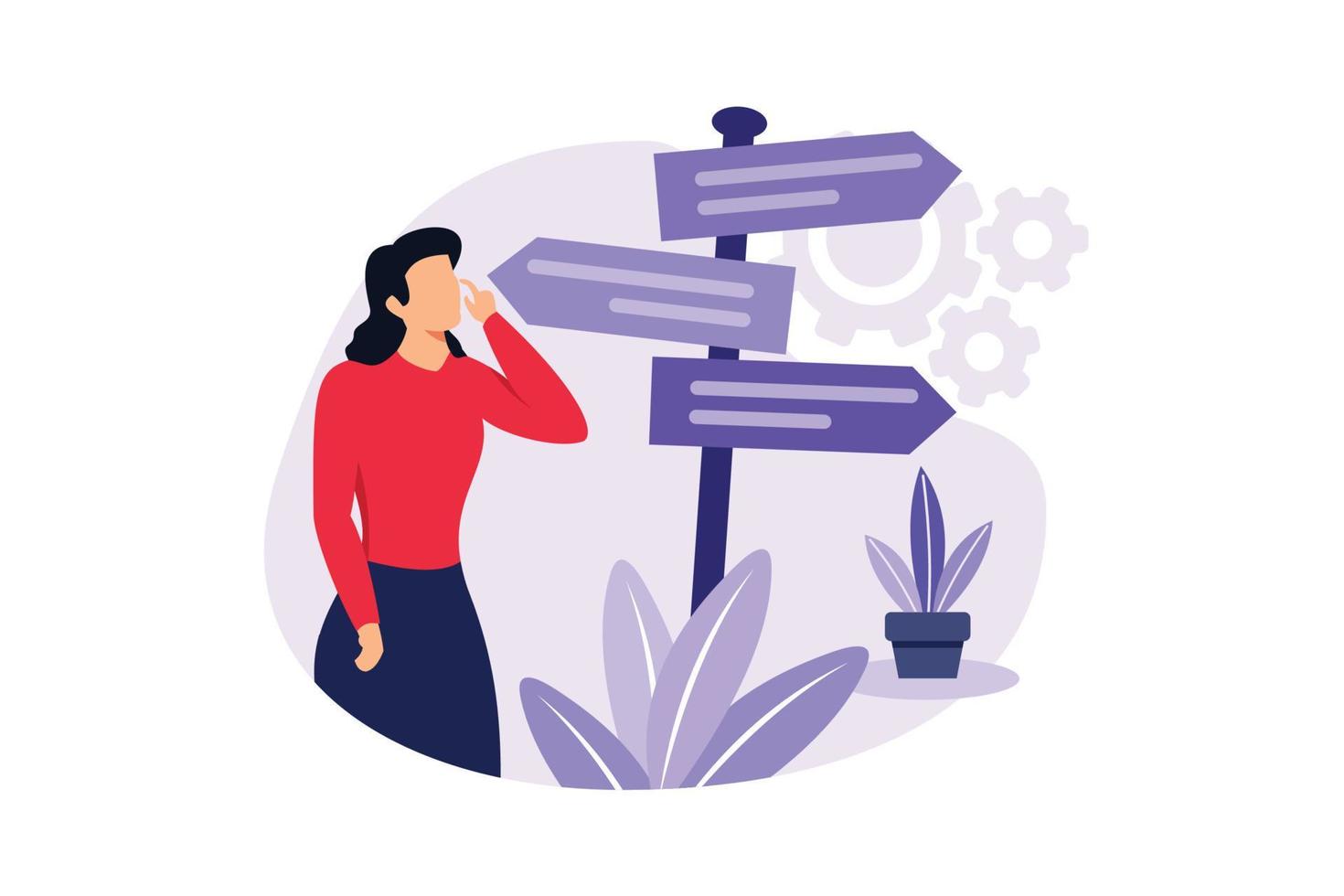 Confused businesswoman stands at crossroads and thinks where to go. Choose business direction concept. Flat design vector illustration