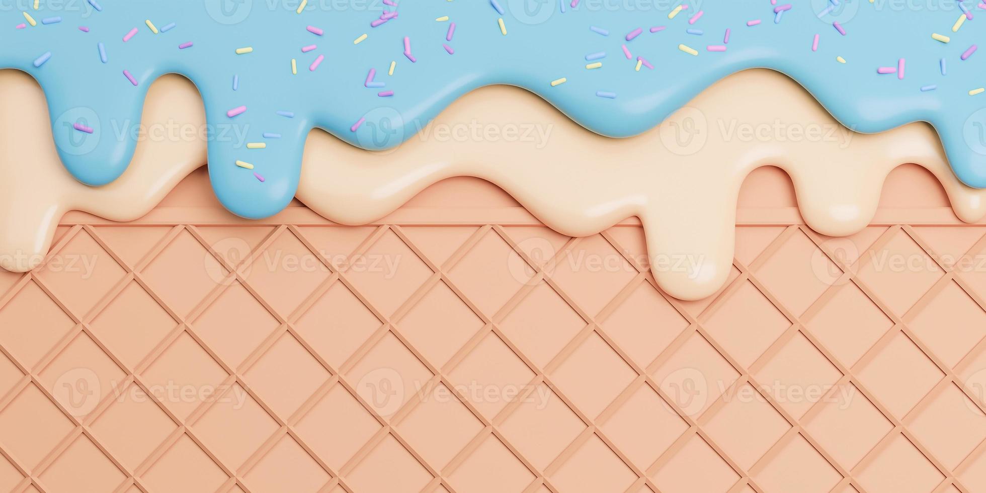 Mint and Vanilla Ice Cream Melted with Sprinkles on Wafer banner Background with copy space.,3d model and illustration. photo