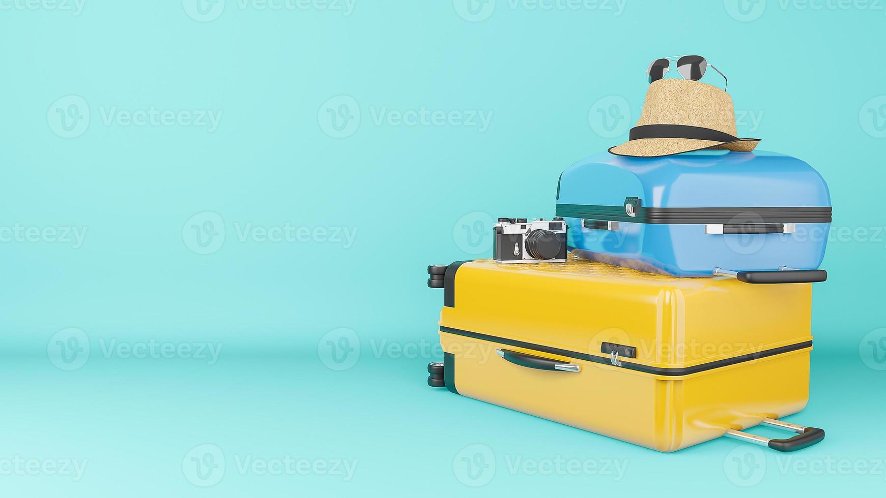 Yellow and blue suitcase with sun hat and glasses, camera on pastel background., travel concept.,3d illustration. photo