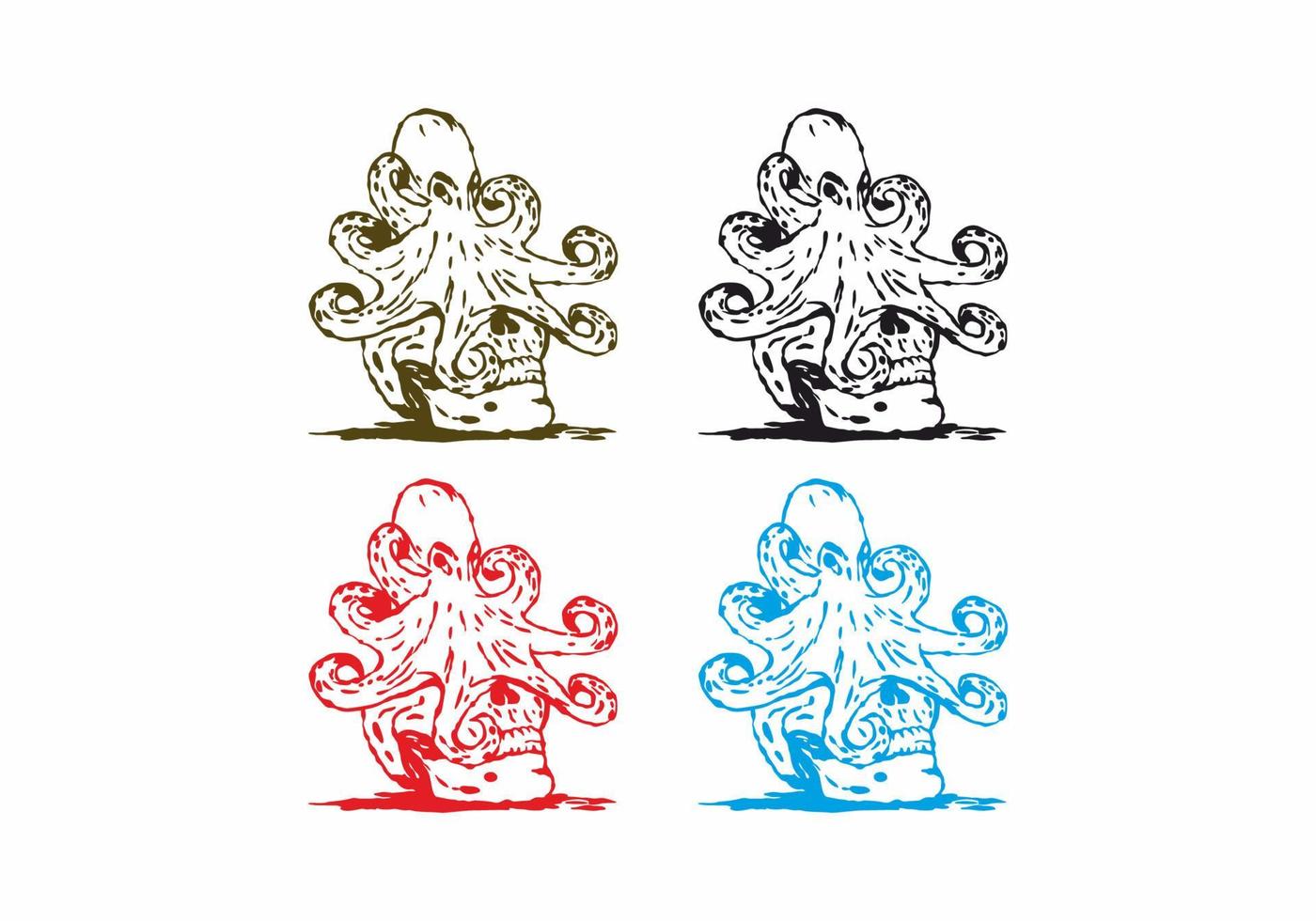 Four color variation of skull and octopus line art drawing vector