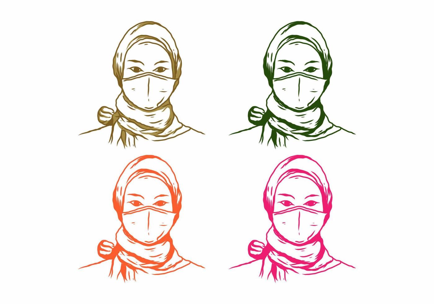 Four color variation of veiled woman wearing a medical mask line art illustration drawing vector