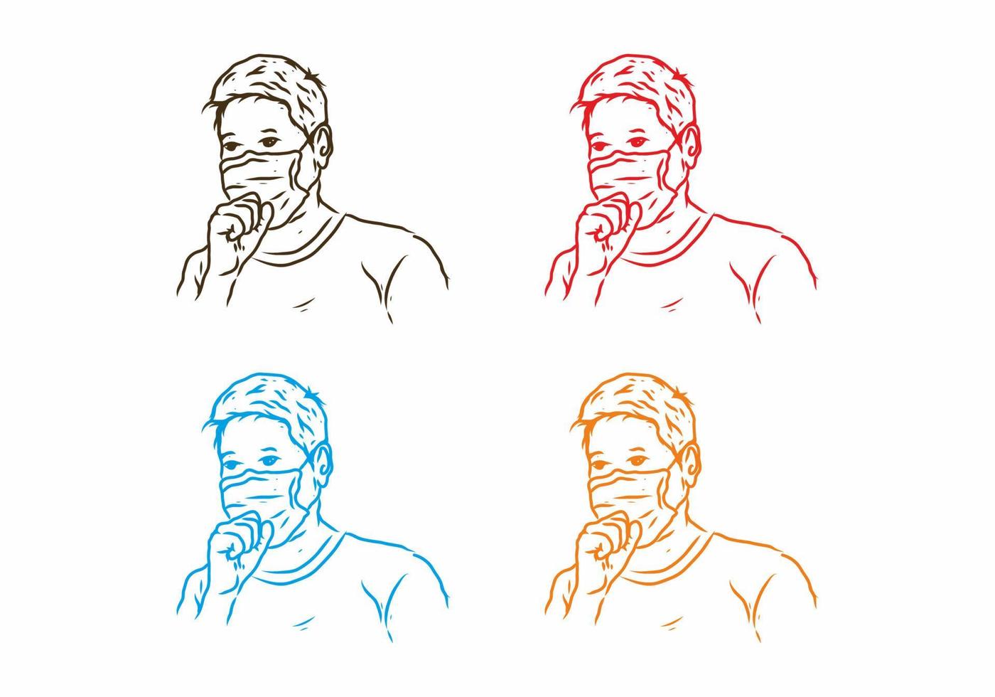 Four color variation of Man who is coughing wearing a medical mask line art drawing vector