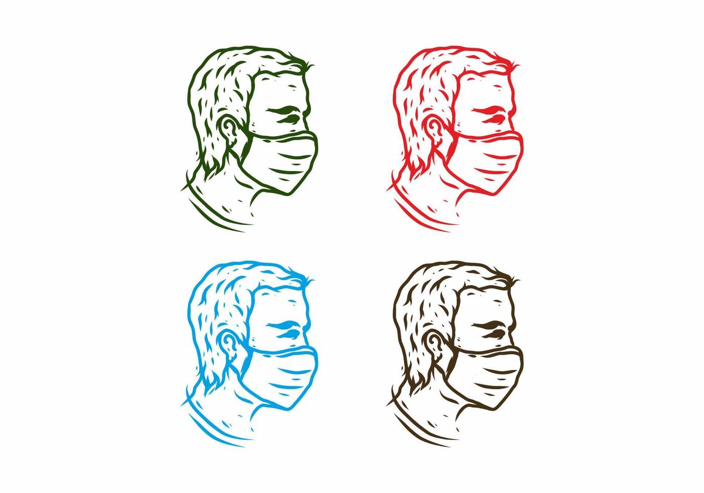 Four color variation of man wearing medical mask line art drawing vector