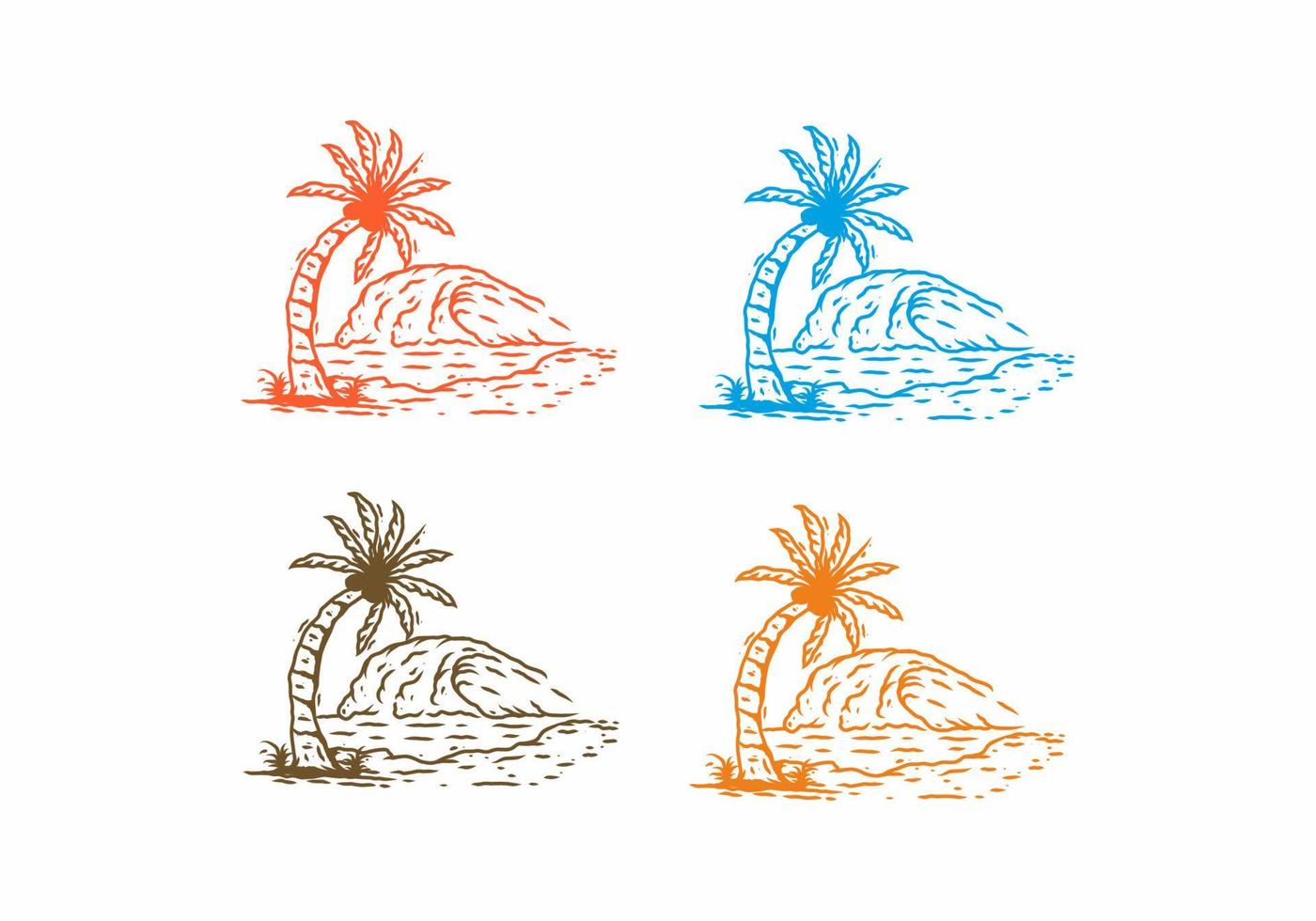 Four color variation of sea wave and coconut tree line art drawing vector