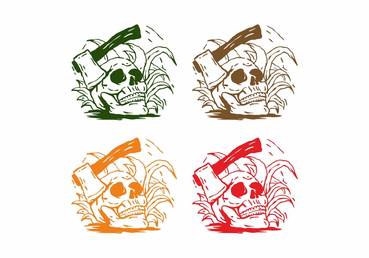 cuatro variaciones de color de la cabeza del cráneo y el dibujo de arte de línea de hacha vector