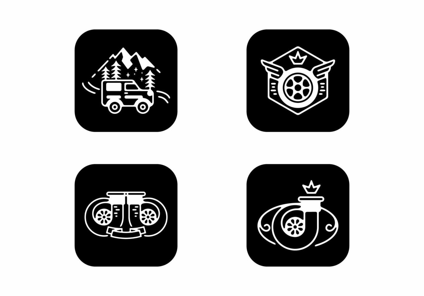 cuatro insignias de iconos automotrices blancas sobre negras vector