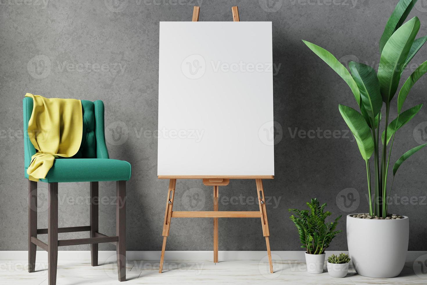 Blank canvas on wooden easel with plant photo