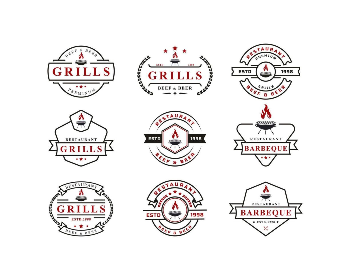 Set of Vintage Retro Badge Grill Restaurant Design Logotype Label Fire flame Logo Vector Design Inspiration