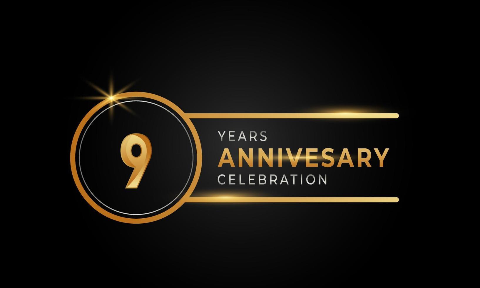 Celebración del aniversario de 9 años color dorado y plateado con anillo circular para evento de celebración, boda, tarjeta de felicitación e invitación aislada en fondo negro vector