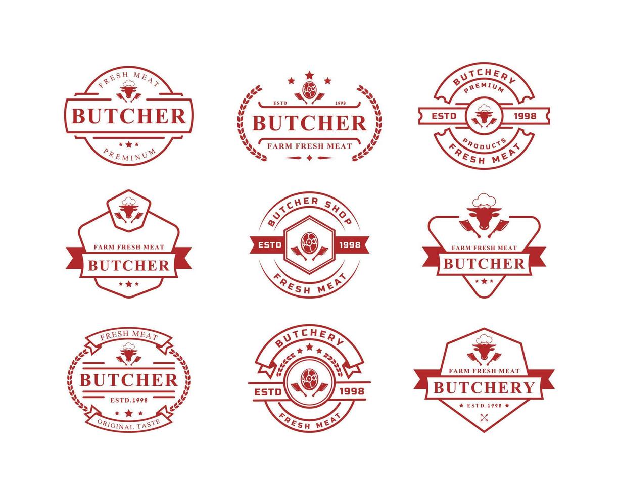 conjunto de ilustración de vector de carnicería retro vintage buena para insignias de granja o restaurante con siluetas de animales y carne tipografía emblemas diseño de logotipo