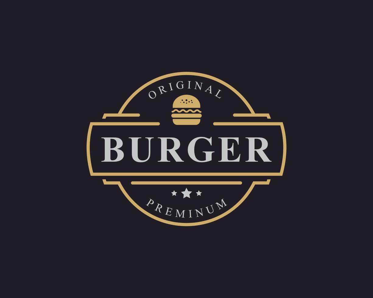 Hamburguesa de empanada de ternera con placa retro vintage para inspiración en el diseño del logotipo del restaurante de comida rápida vector