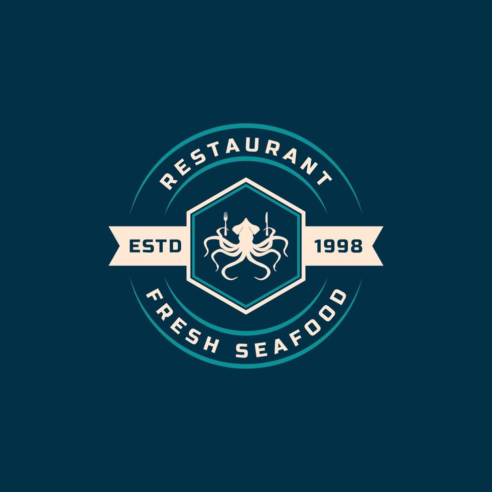 insignia retro vintage mercado de pescado de mariscos y restaurante emblema plantilla siluetas tipografía diseño de logotipo vector