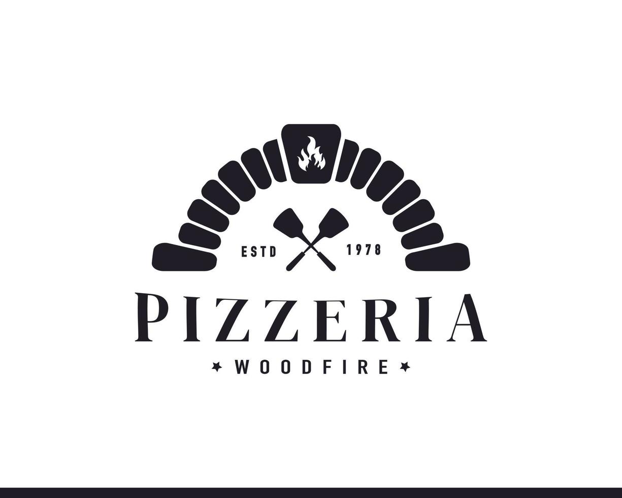 horno de leña vintage con pala, inspiración para el diseño del logotipo de pizza vector