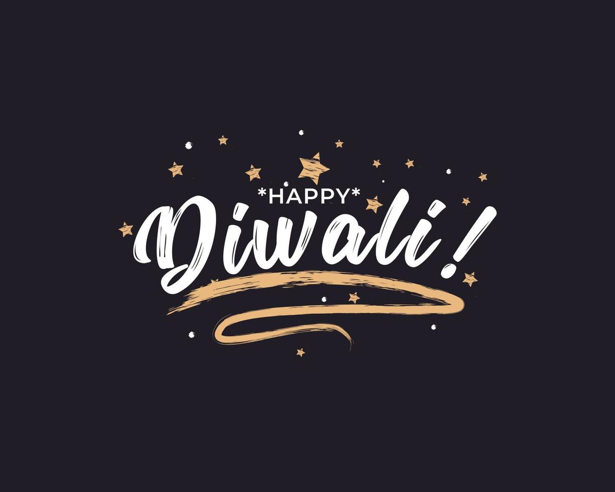 Happy Diwali festival greeting card. Beautiful greeting card scratched calligraphy gold stars. Handwritten modern brush lettering black background isolated vector