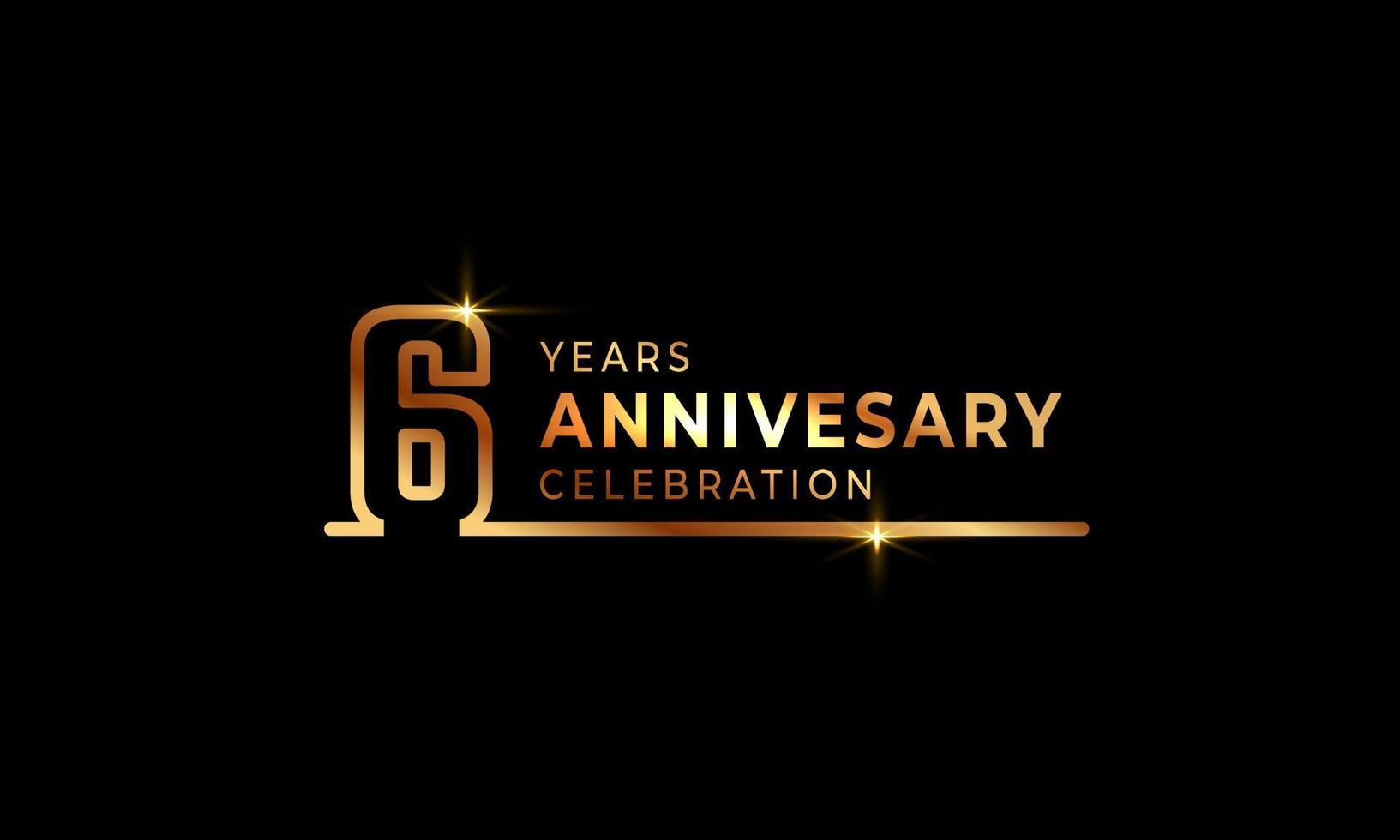 Logotipo de celebración de aniversario de 6 años con números de fuente de color dorado hechos de una línea conectada para evento de celebración, boda, tarjeta de felicitación e invitación aislada en fondo oscuro vector