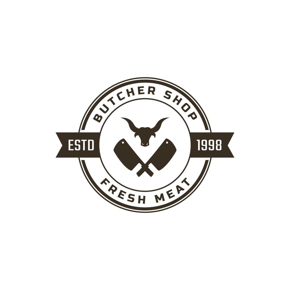 Butcher Symbol with Cleaver and Cow's Head Silhouette Badge Logo Vector Design Inspiration