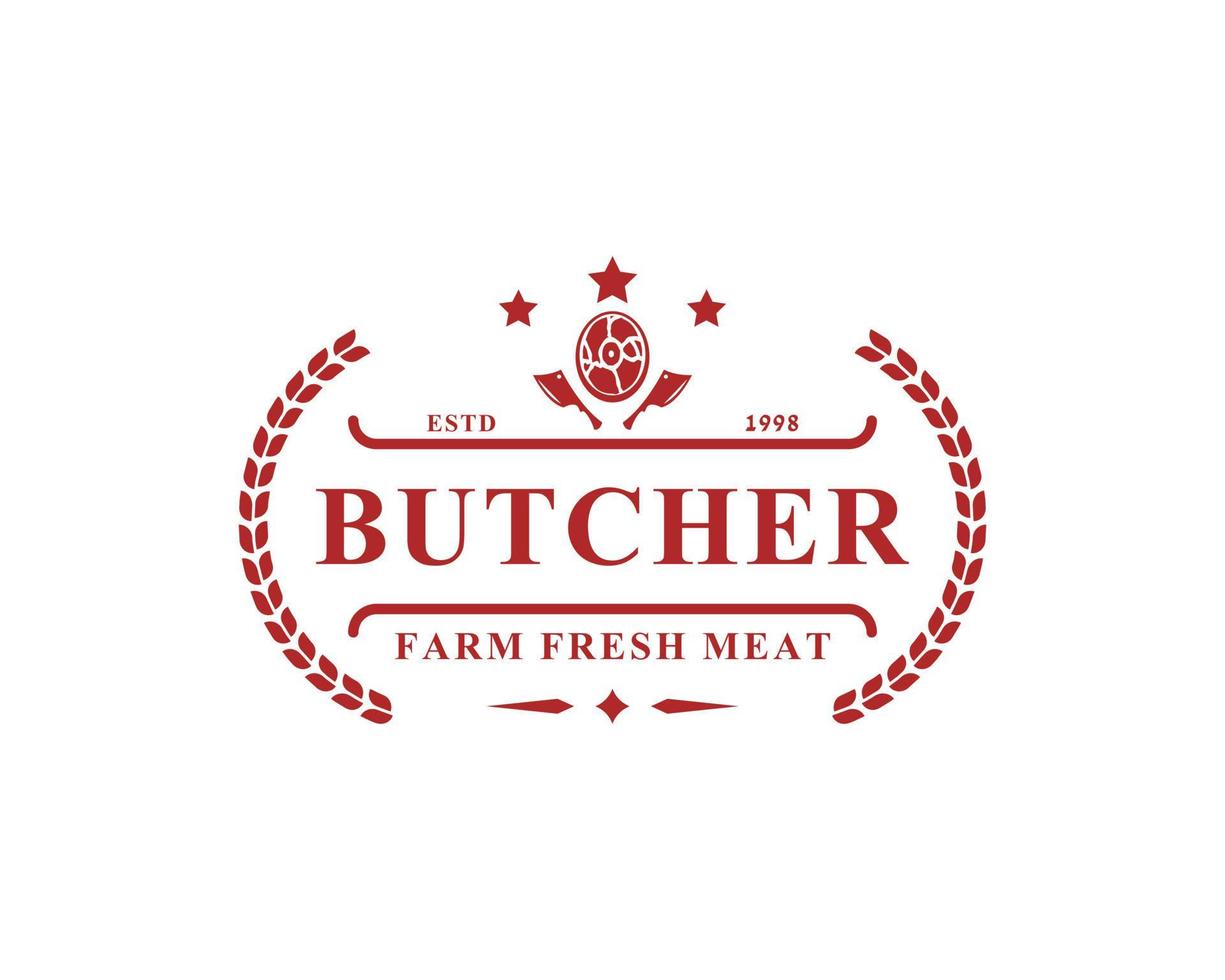 ilustración de vector de carnicería retro vintage buena para insignias de granja o restaurante con siluetas de animales y carne tipografía emblemas diseño de logotipo