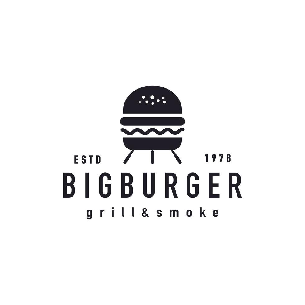 Grilled burger with kettle charcoal grill melted cheese logo design vector