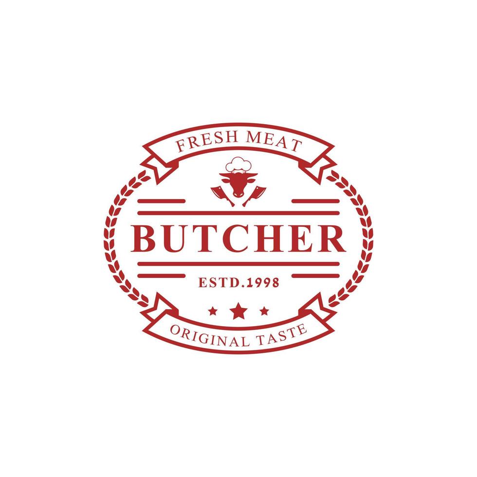 ilustración de vector de carnicería retro vintage buena para insignias de granja o restaurante con siluetas de animales y carne tipografía emblemas diseño de logotipo