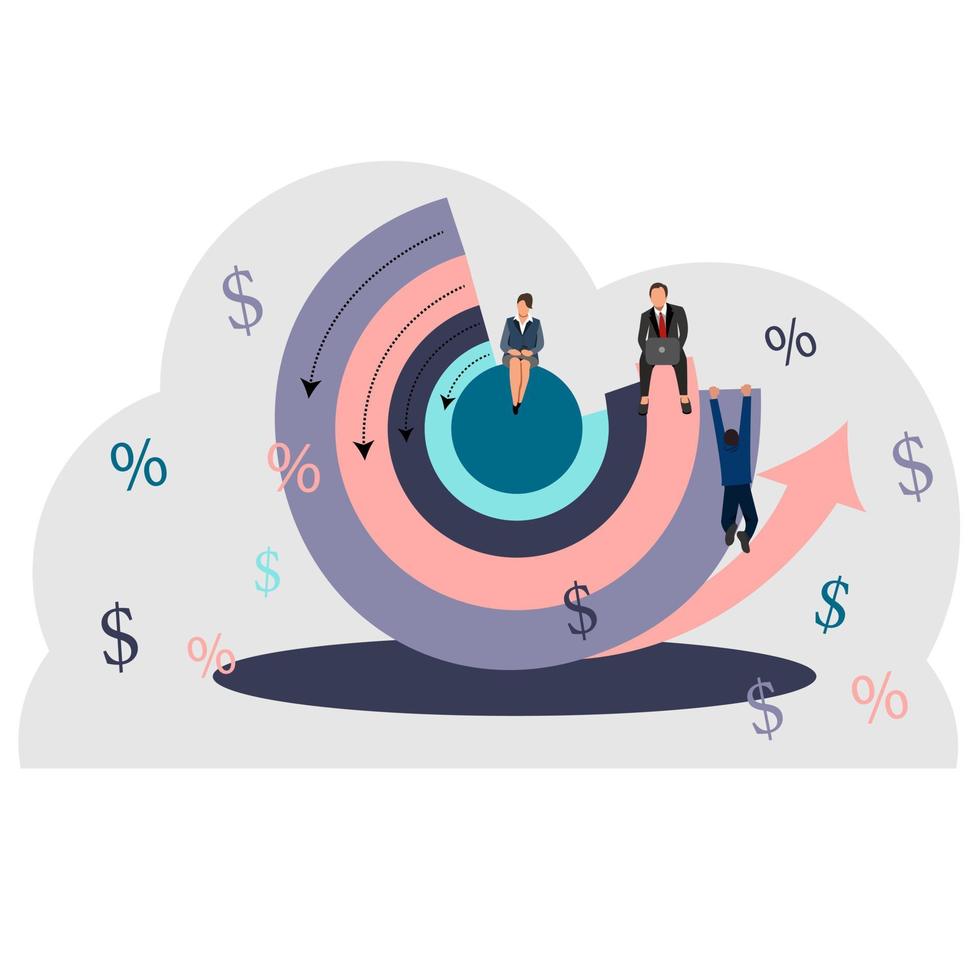 diagrama redondo. gente de negocios sentada en un gráfico. ilustración de la cuota de mercado. un pastel porcentual en el concepto de personas diminutas. evaluación económica y financiera de las ventas en el conjunto de la industria. vector