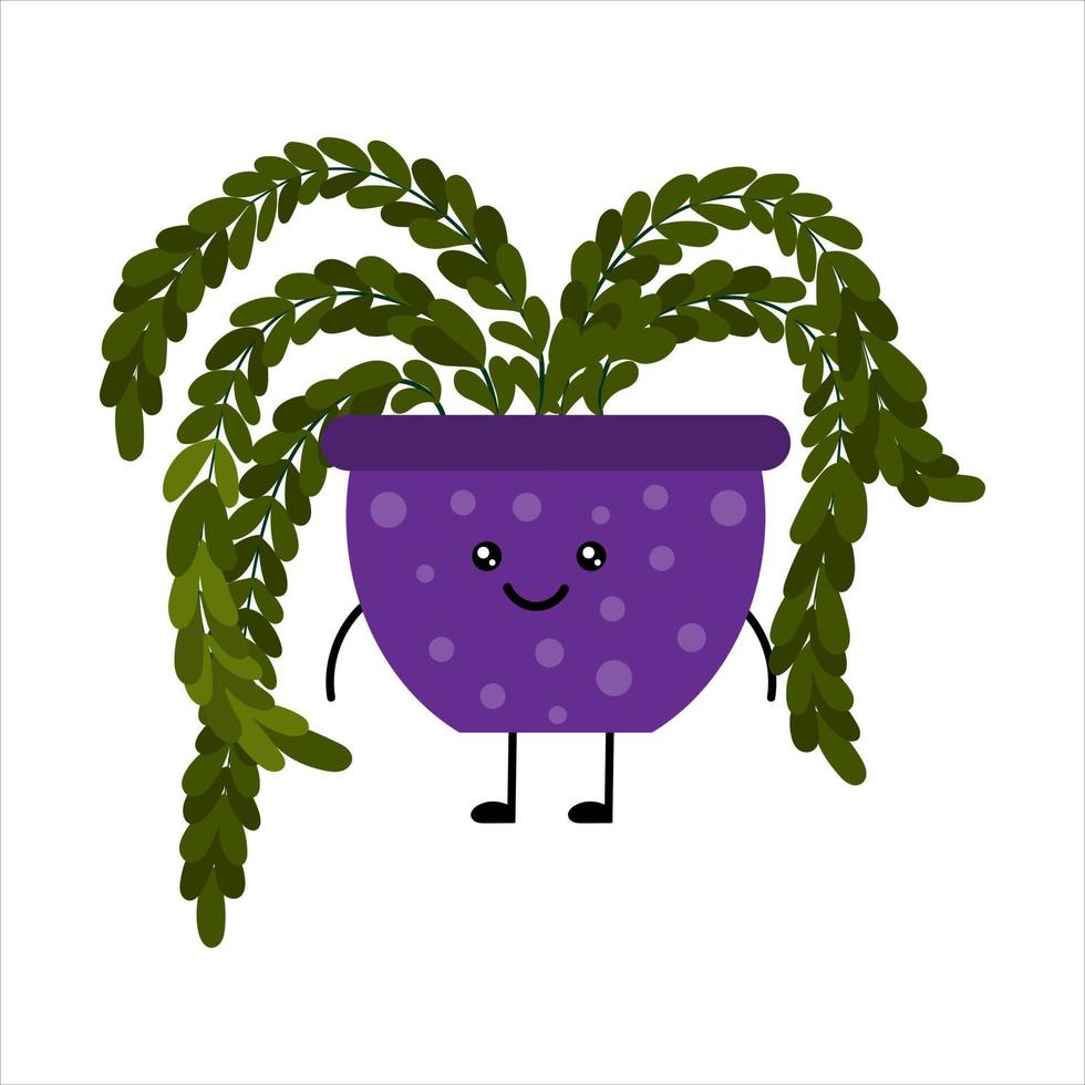 Cute cartoon kawaii plant in a pot. A plant with long hanging leaves. vector