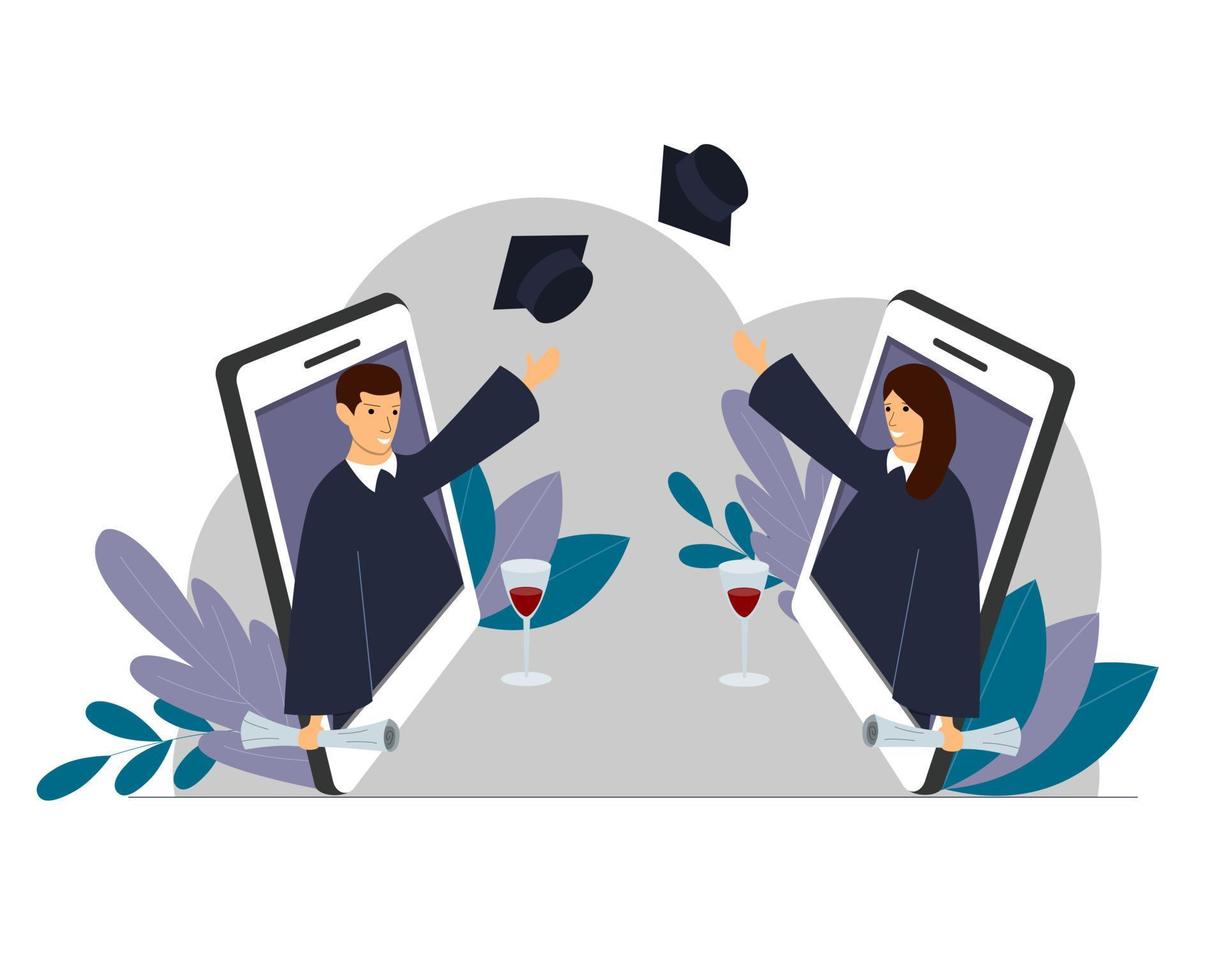 Graduation, square cap of the graduate, mantle. the concept of a graduation on insulation. A mobile phone, a man and a woman glasses of wine vector