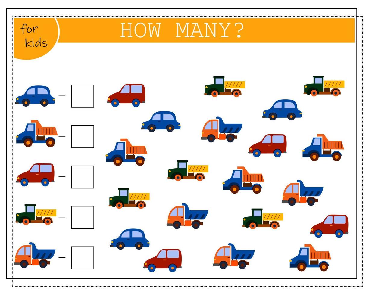 Children's math game, count how many of them. children's toys cars