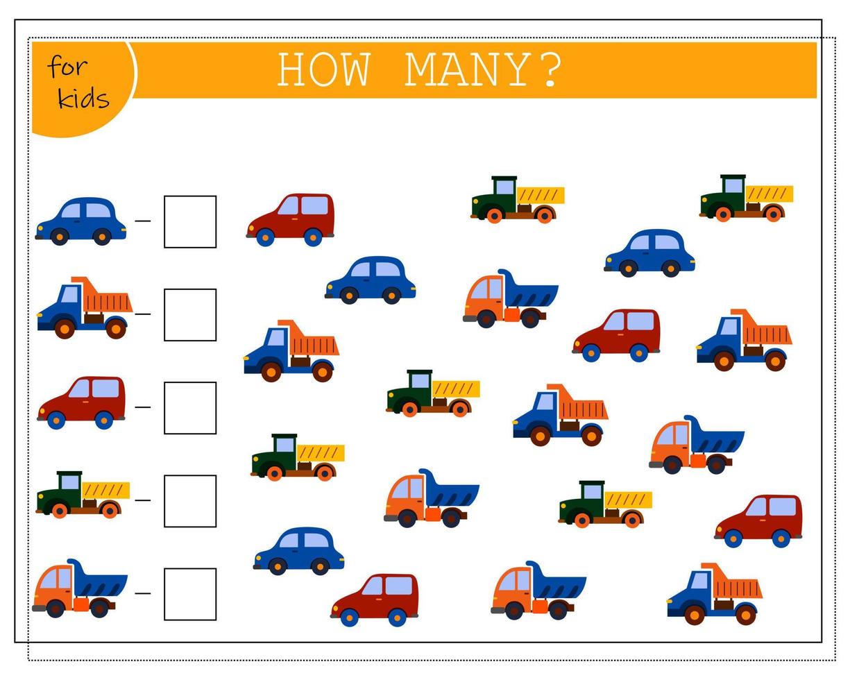 Children's math game, count how many of them. children's toys cars. vector