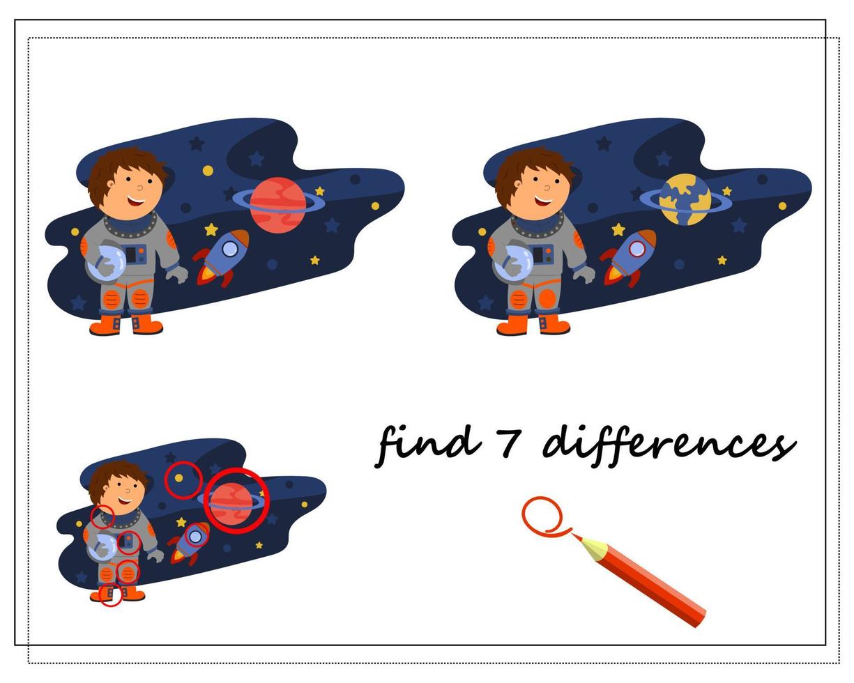 un juego de lógica para niños encuentra las diferencias, un astronauta en el espacio. vector