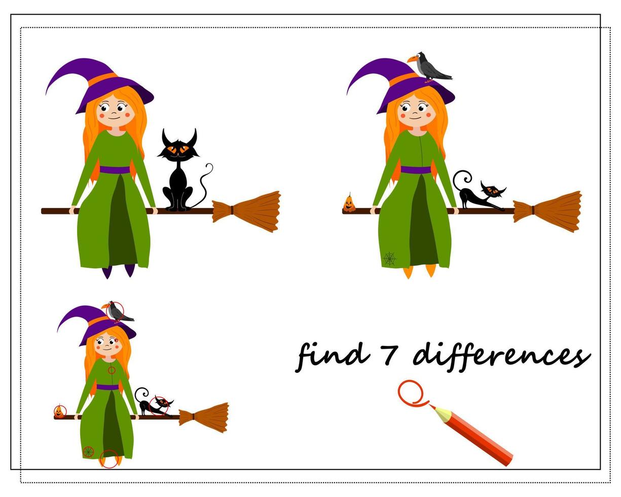 game for kids find the difference, cartoon witch sitting on a broomstick with a cat, vector