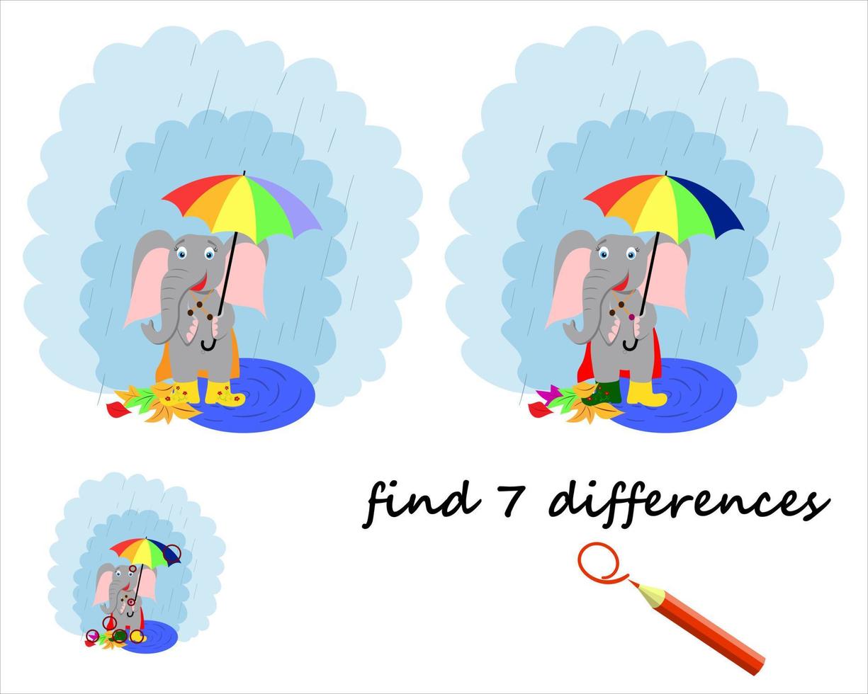 find the difference, a cartoon elephant stands under an umbrella. a game for children vector