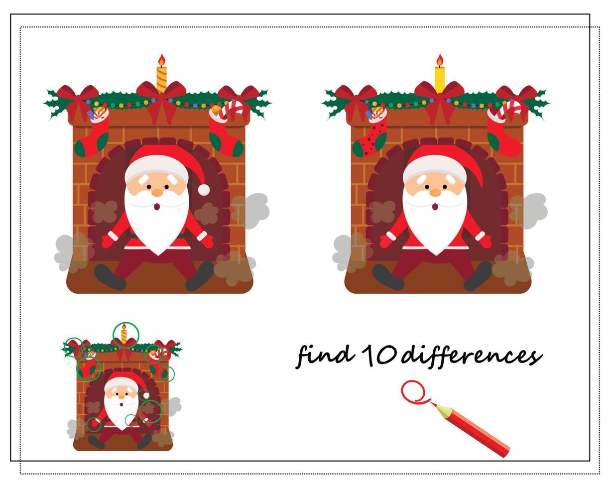 A logical game for children, find the differences. Santa in the fireplace, Christmas. vector