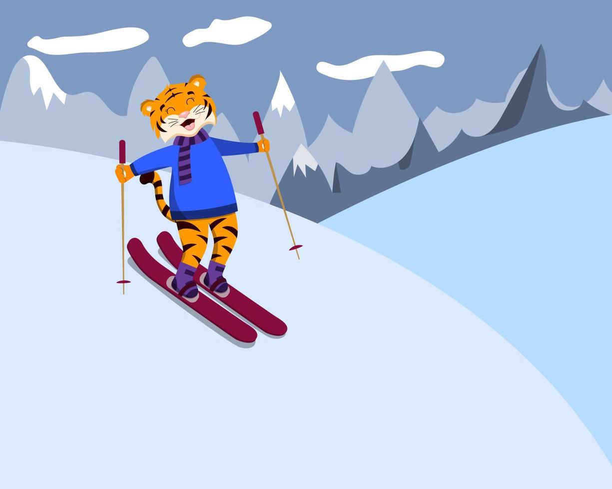 tigre de dibujos animados esquiando cuesta abajo vector